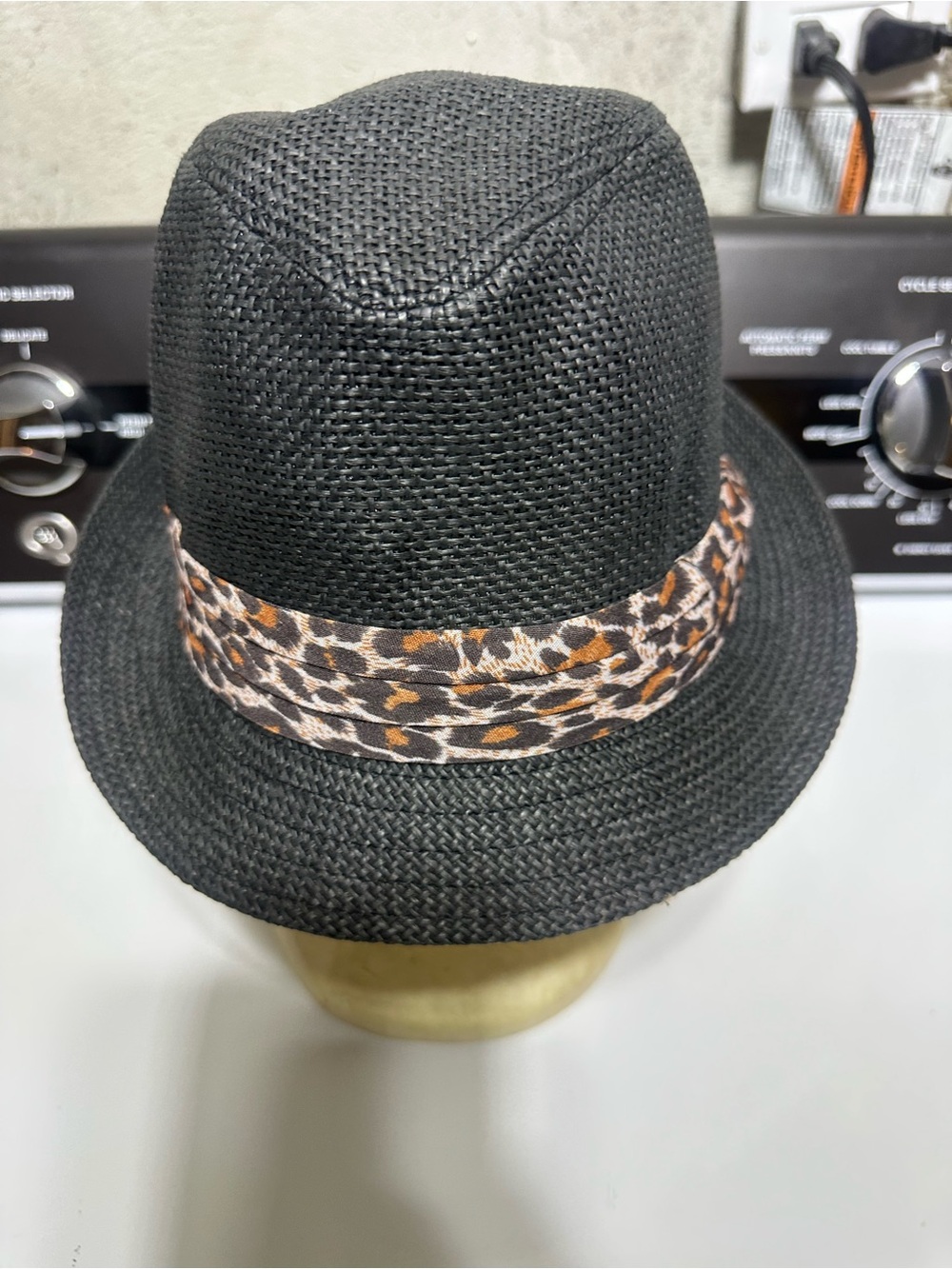 Black Men's Straw Fedora with Leopard Print Band